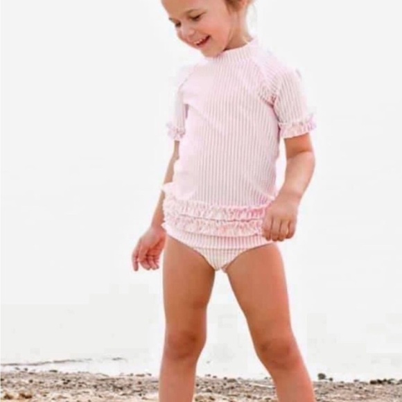RuffleButts seersucker One Piece Rash guard Swimsuit 6/9m - Picture 3 of 5